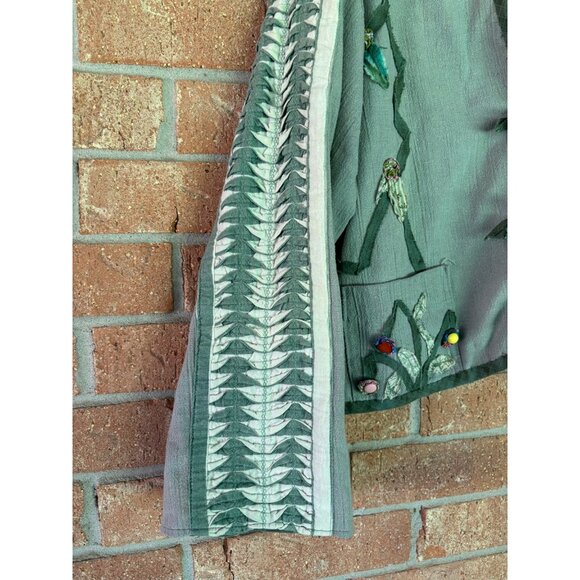 Handmade Green Boho Kimono Jacket With Colorful Patchwork Applique Details - Picture 3 of 13